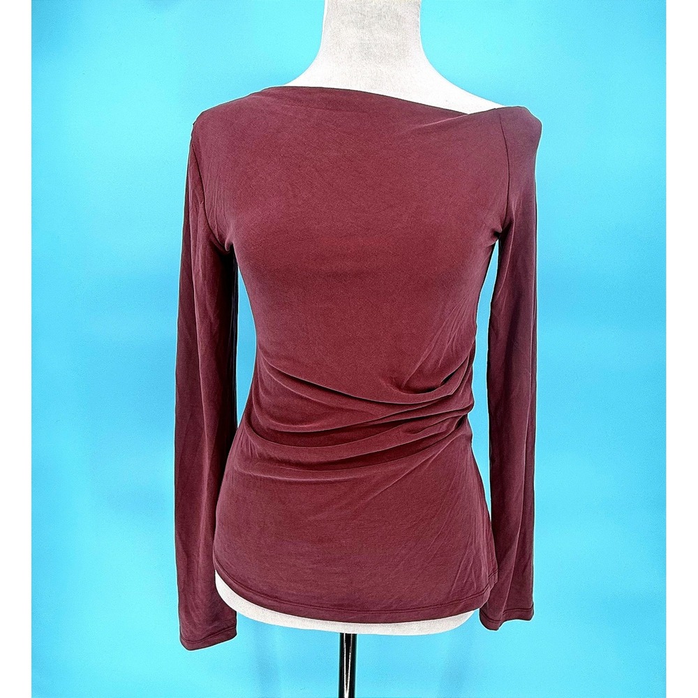 Topshop Womens Small Burgundy Ruched Asymmetrical Long Sleeve Top Soft Sexy